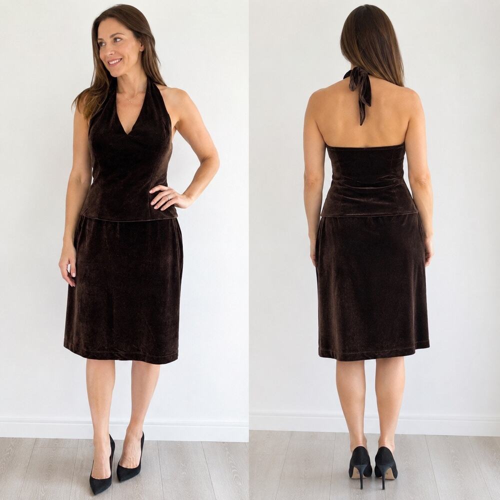 Eden Maids Womens Velvet Halter Top and Pencil Skirt Set Chocolate Brown 6